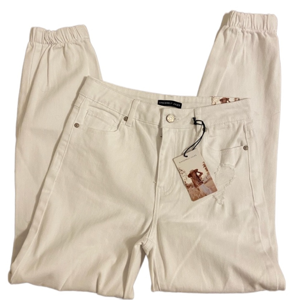Sincerely Jules distressed white jean joggers, size 3 / 26